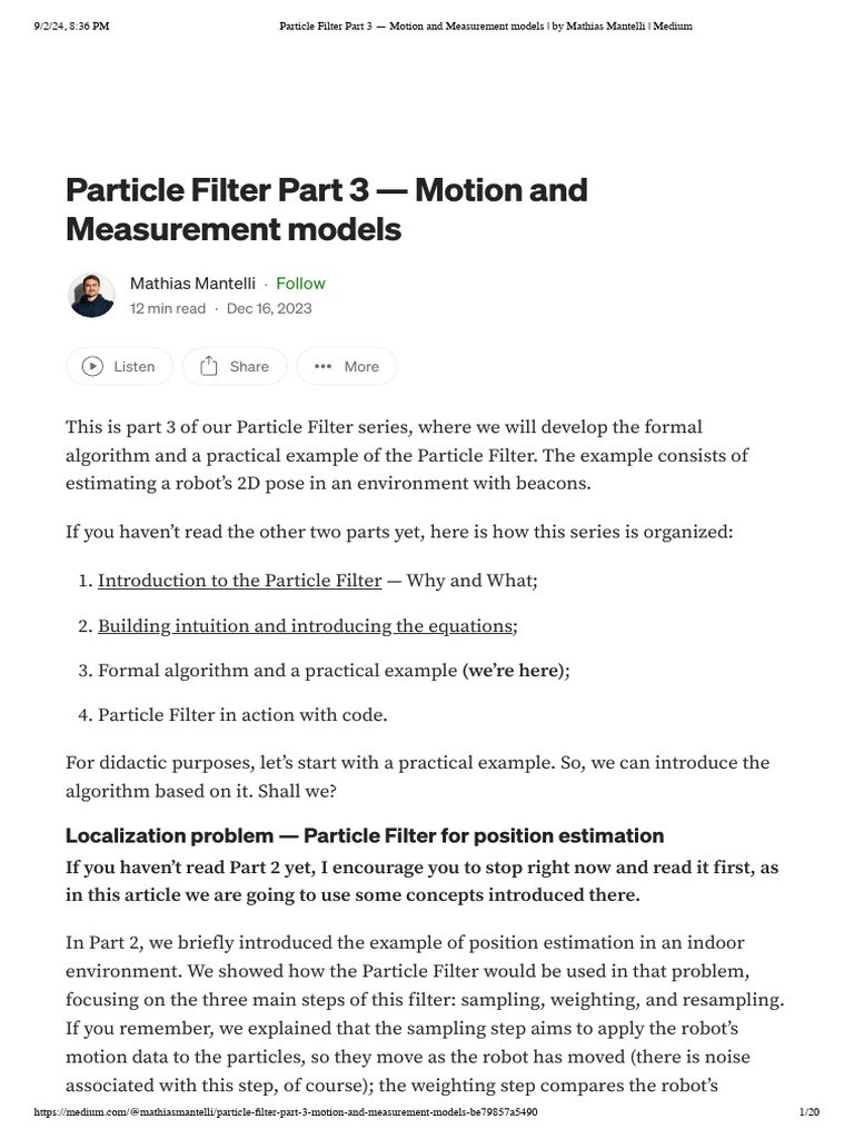 Particle Filter Part 3 - Motion and Measurement Models - by Mathias ...