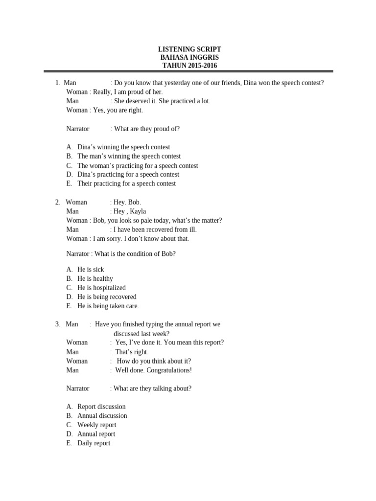 Listening Script for English Exam 2015-2016 | PDF