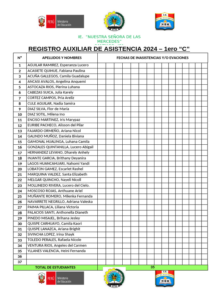 Registro Auxiliar de Asistencia 2024 | PDF