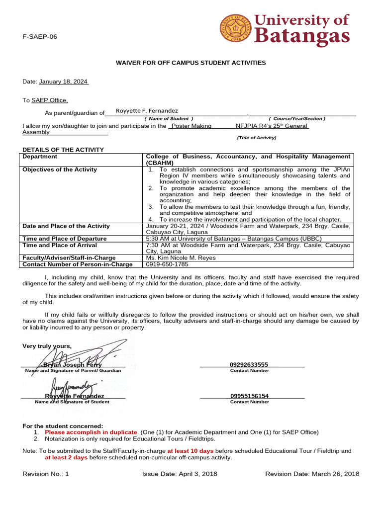 25th GA F SAEP 06 Off Campus Activity Waiver | PDF
