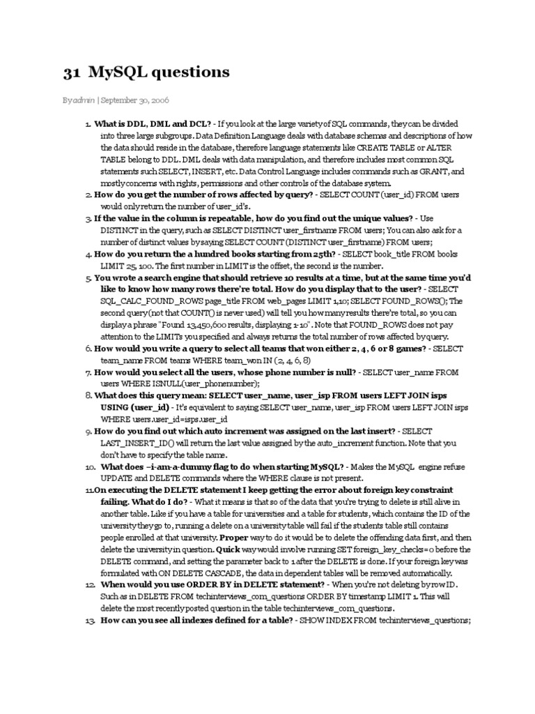 31 MySQL Questions | PDF | Sql | Databases