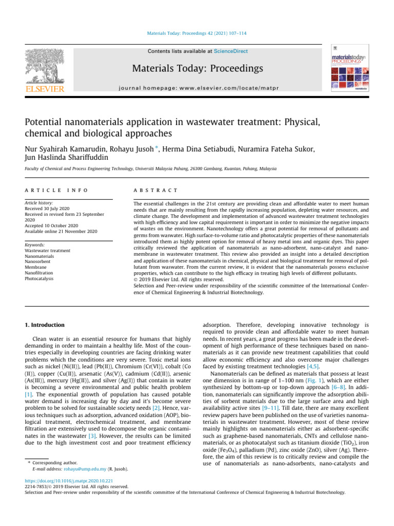 Potential Nanomaterials Application in Wastewater Treatment Physical | PDF