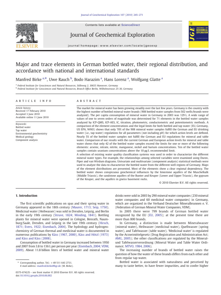 Major and Trace Elements in German Bottled Water, Their Regional ...