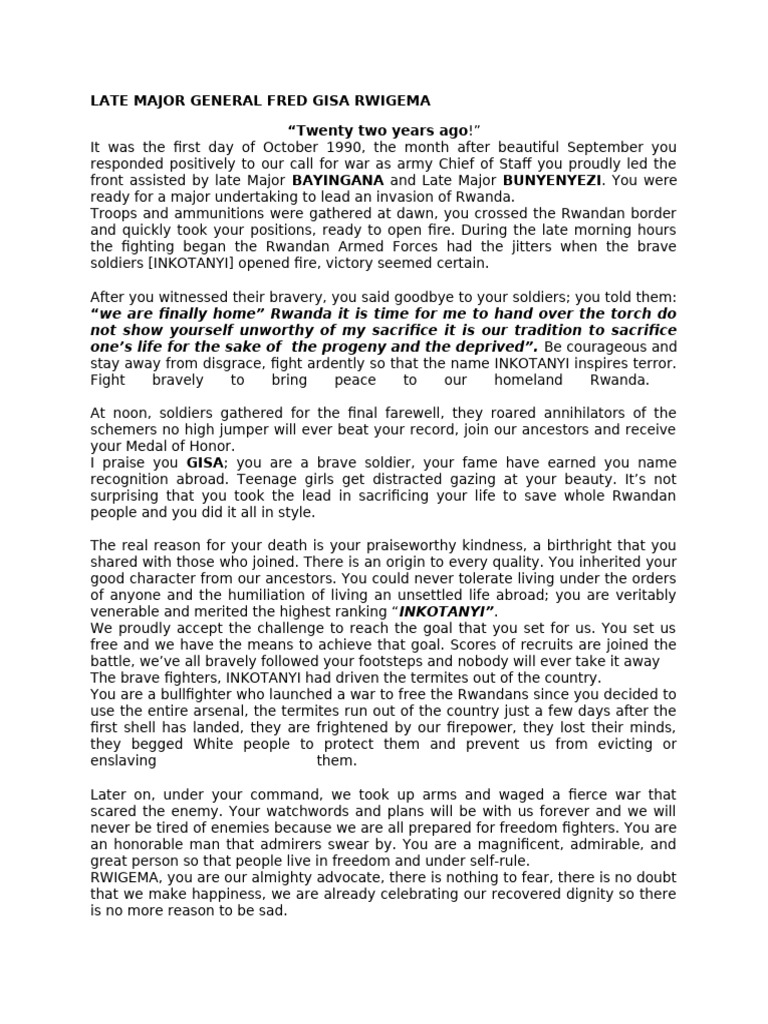 Tribute to General Fred Gisa Rwigema | PDF | Military