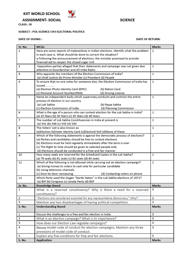 Assignment Electoral Politics | PDF | Elections | Politics