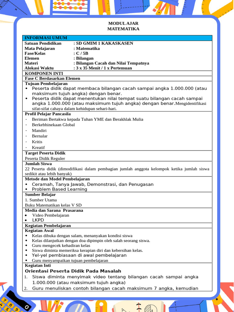 MODUL AJAR Matematika 1 | PDF
