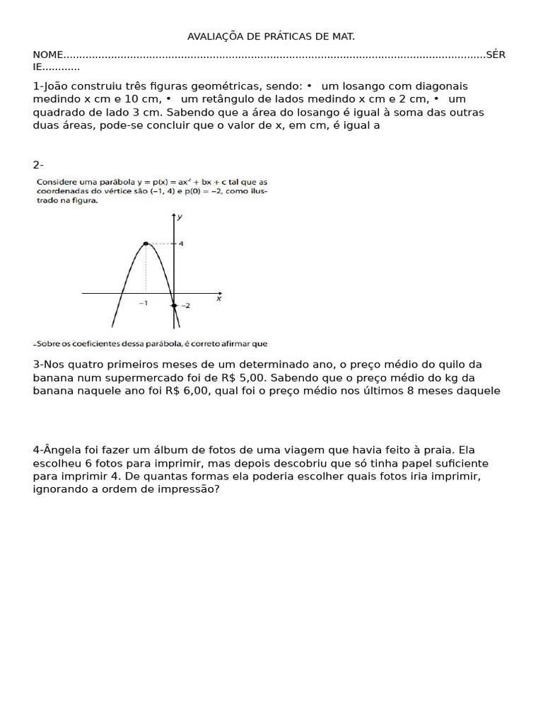 Avaliaçõa de Práticas de Mat 3 | PDF