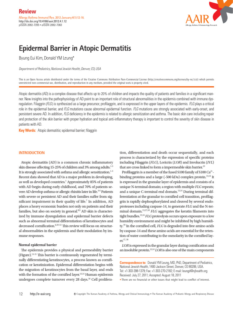 Epidermal Barrier in Atopic Dermatitis | PDF