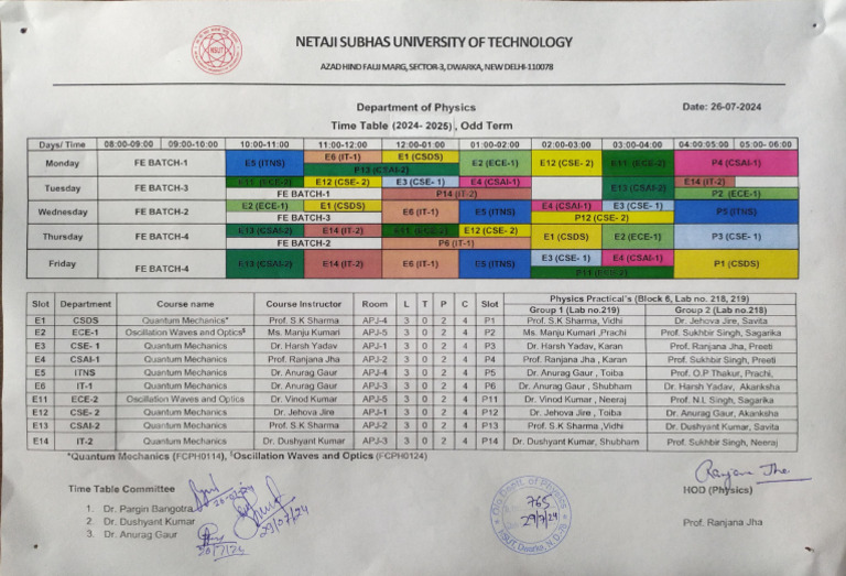 B.Tech Time Table - Physics (2024-2025 Odd Term) | PDF | Physics ...