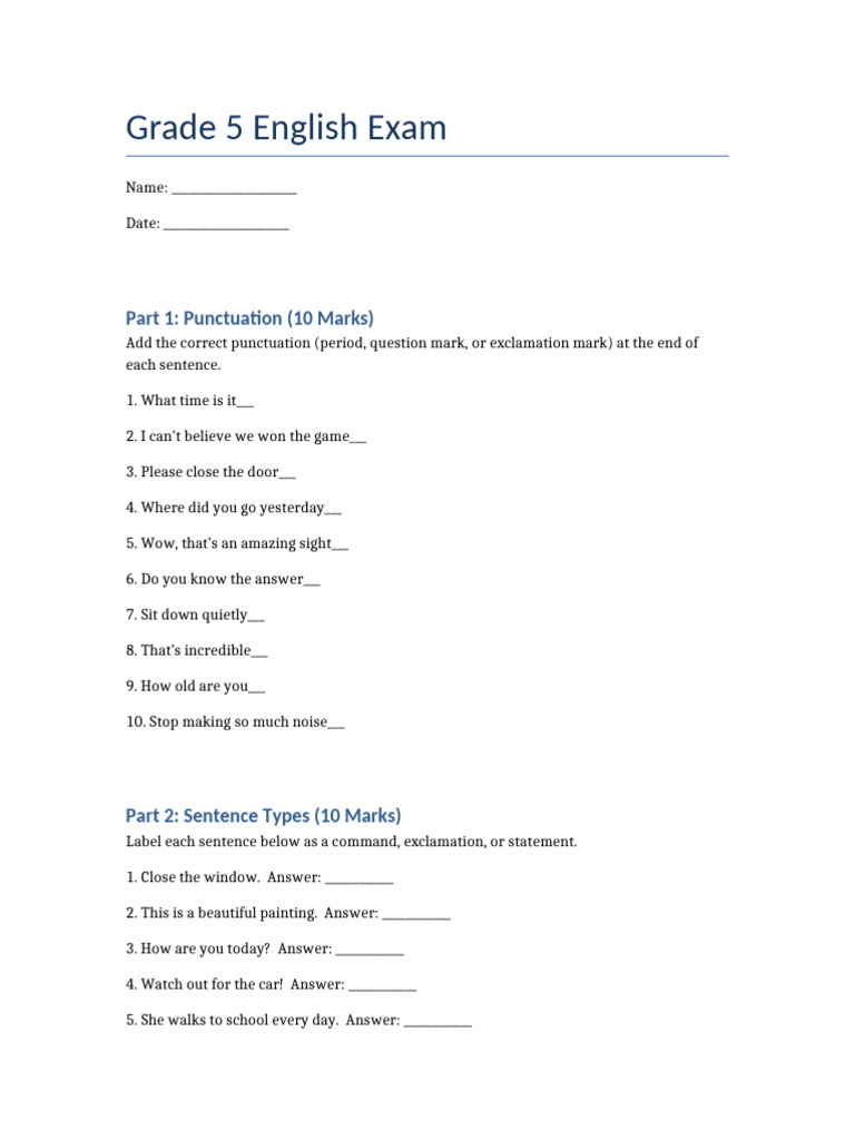 Grade 5 english exam pdf