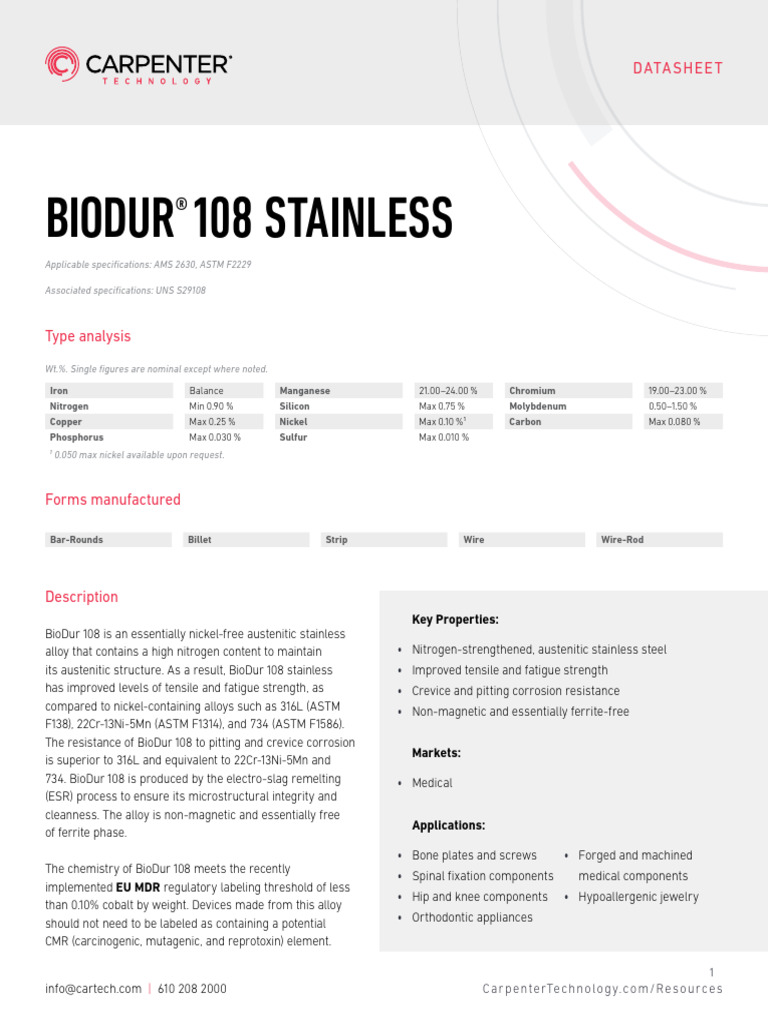 BioDur 108 Stainless Datasheet | PDF