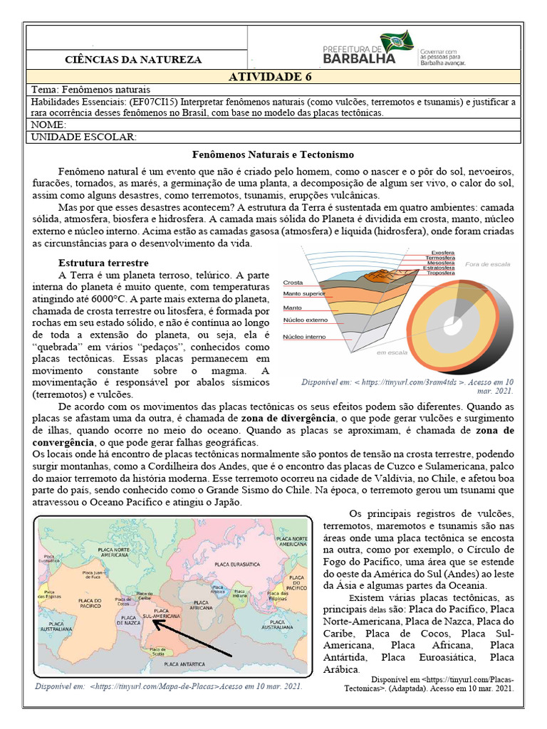 ATIVIDADE 6 7o ANO CN FENOMENOS NATURAIS | PDF