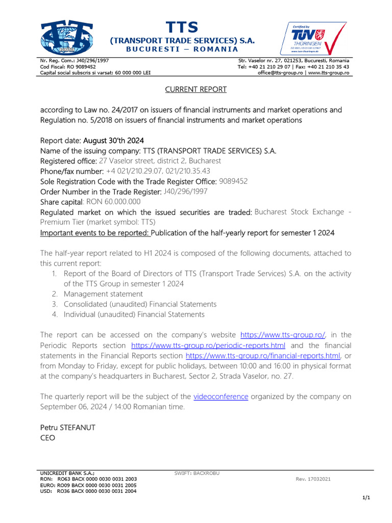 TTS - 20240830162145 - Current Report Financial Reports For H1 2024 | PDF