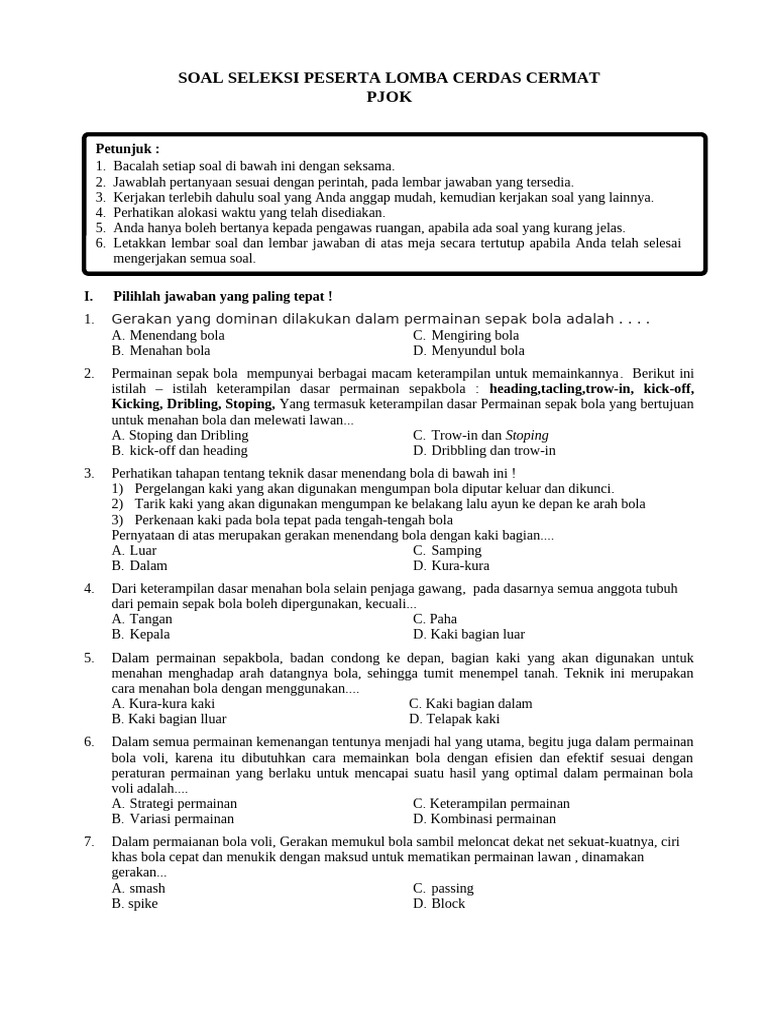 Soal Cerdas Cermat Pjok | PDF