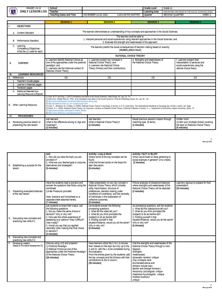 Daily Lesson Log: Additional Materials From Learning Resource (LR ...