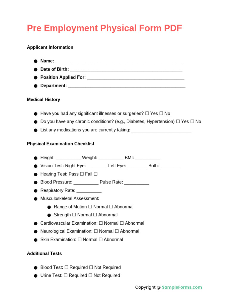 Pre Employment Physical Form PDF | PDF