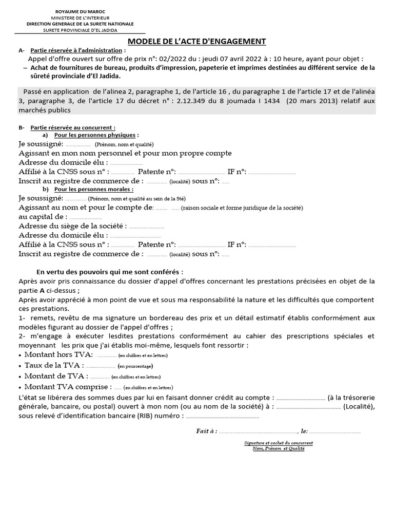 4 Modéle Acte Engagement AO-02-2022 | PDF