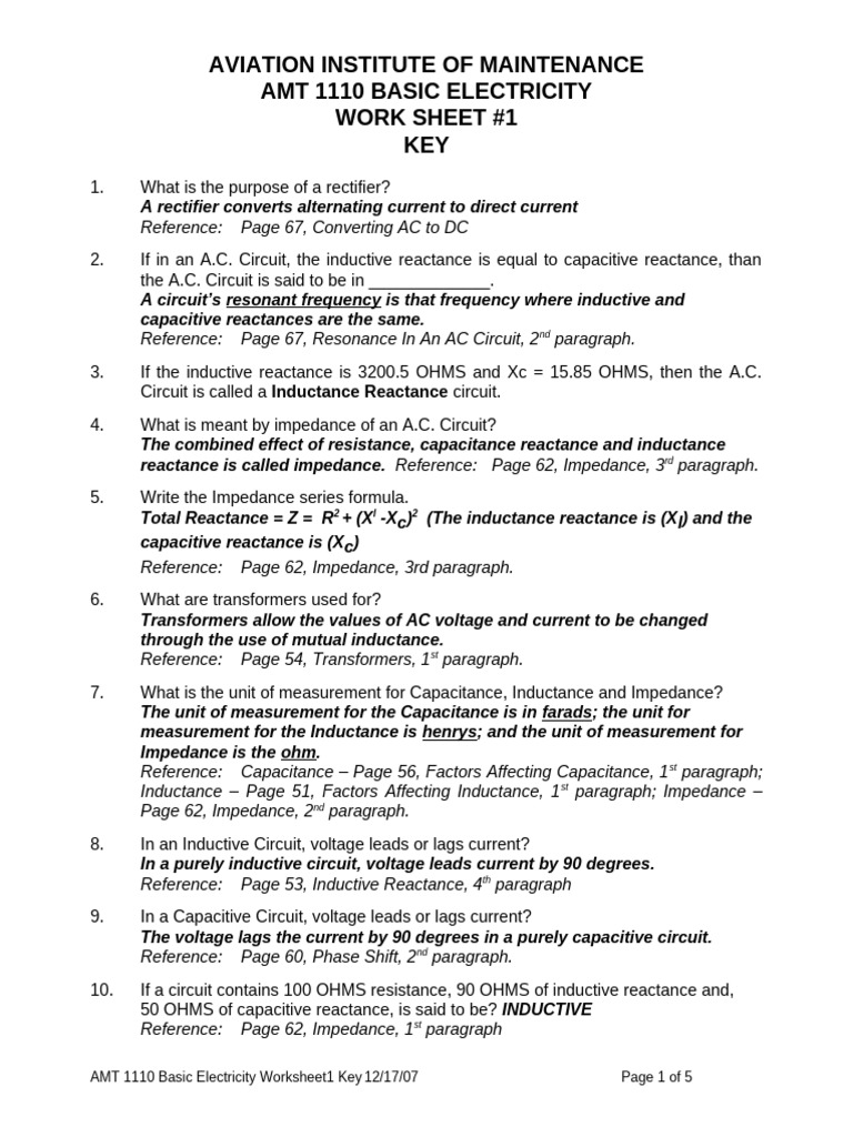 AMT 1110 Basic Electricity Worksheet 1 Key PDF