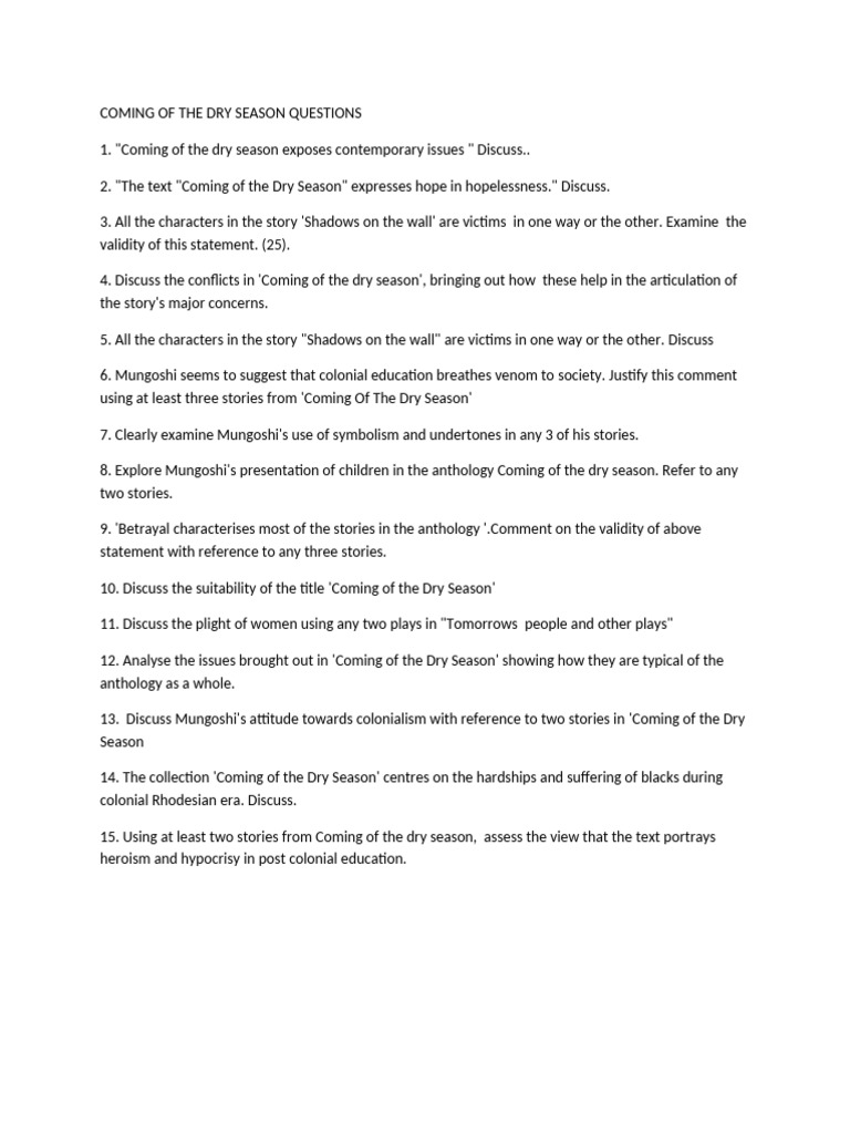 Cynch Coming of The Dry Season Questions | PDF