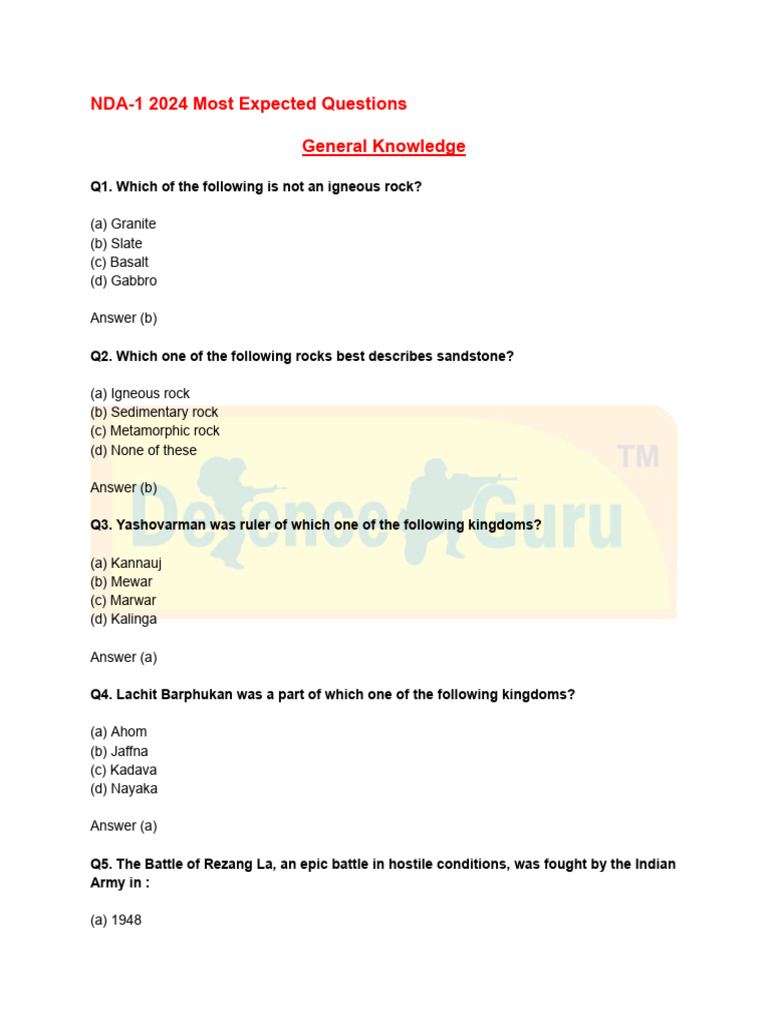 Most Expected Questions With Answers For NDA-1 2024 | PDF