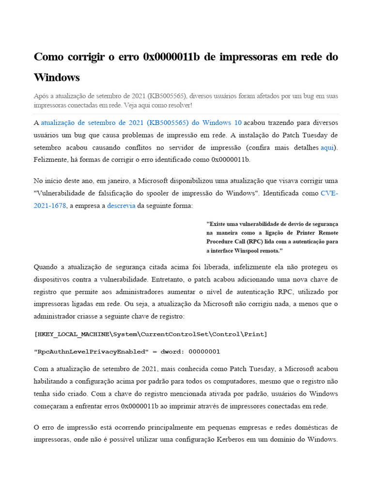 Como Corrigir o Erro 0x0000011b de Impressoras em Rede Do Windows | PDF ...