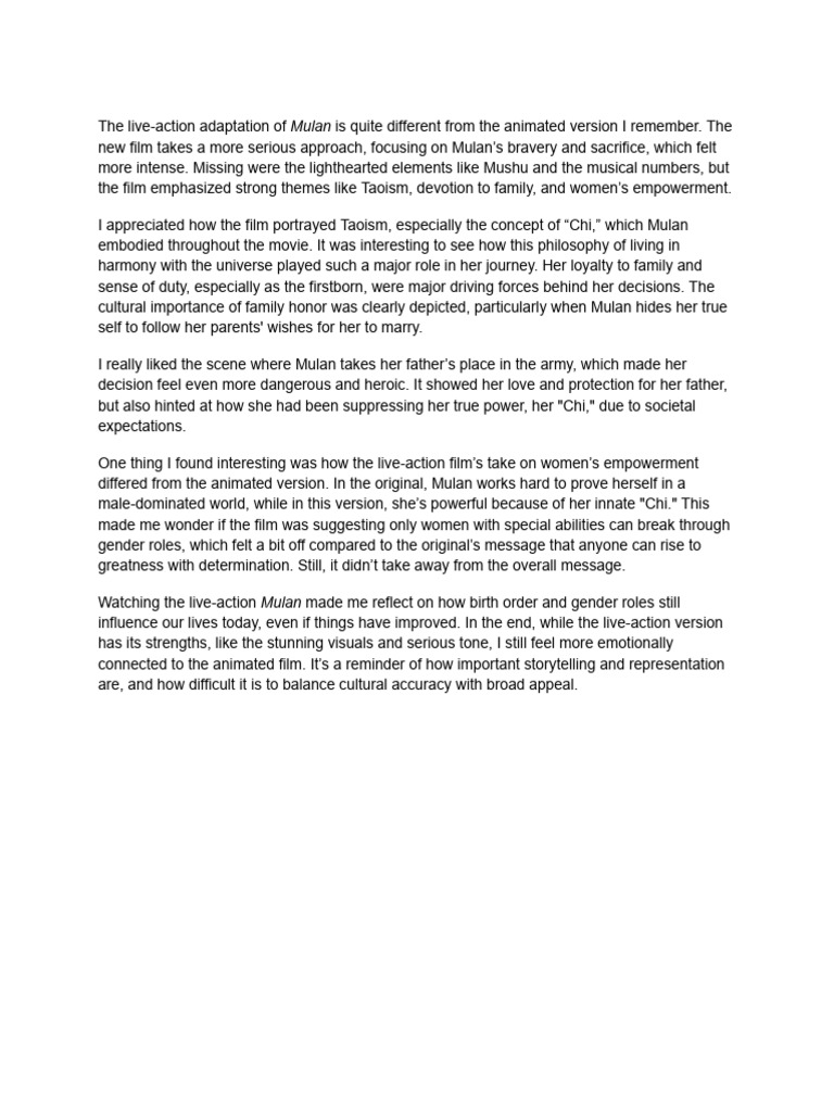 Mulan Reflection Paper Pdf