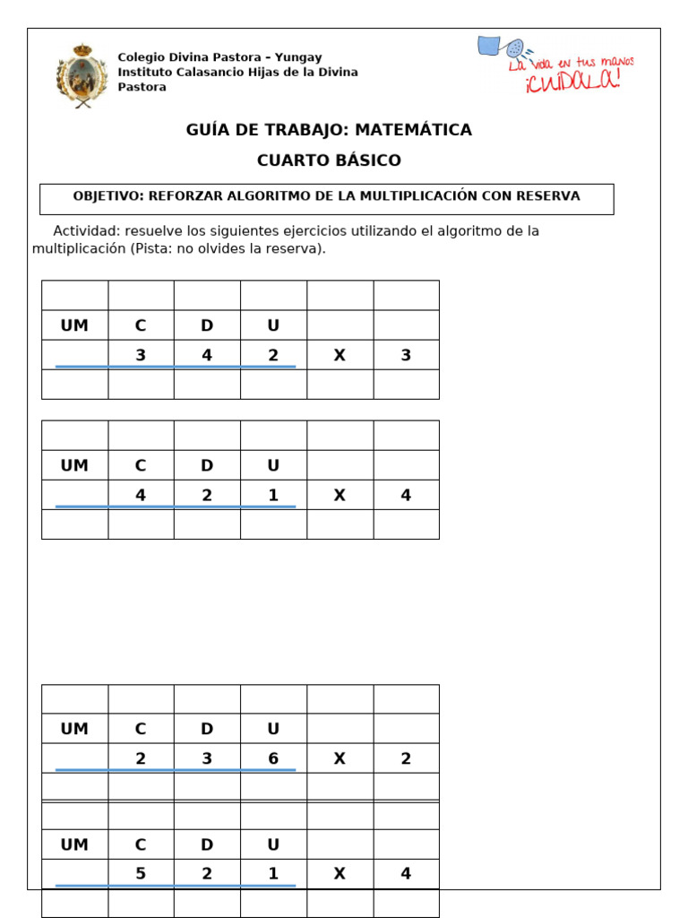 Guia Algoritmo de La Multiplicación Con Reserva | PDF