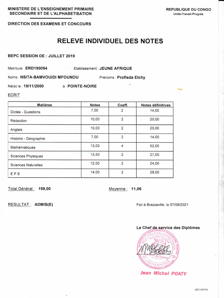 Relever de Notes Bepc | PDF