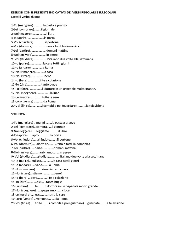 Esercizi con verbi regolari e irregolari | PDF