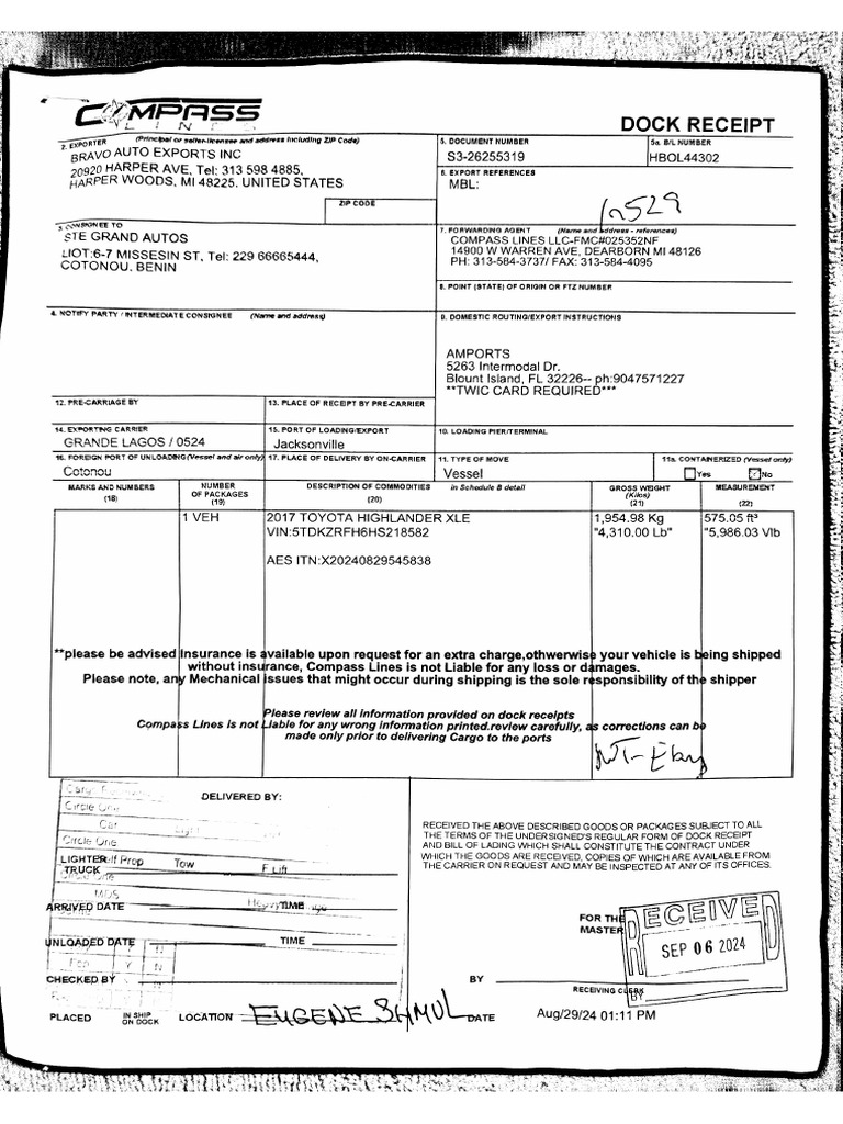 Dockreceipt 5TDKZRFH6HS218582 | PDF