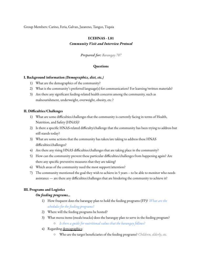 (ECEHNAS - SLP) Community Visit and Interview Protocol | PDF