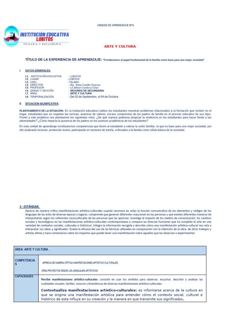 Unidad de Aprendizaje: Arte y Cultura 2º Sec. | PDF | Aprendizaje ...