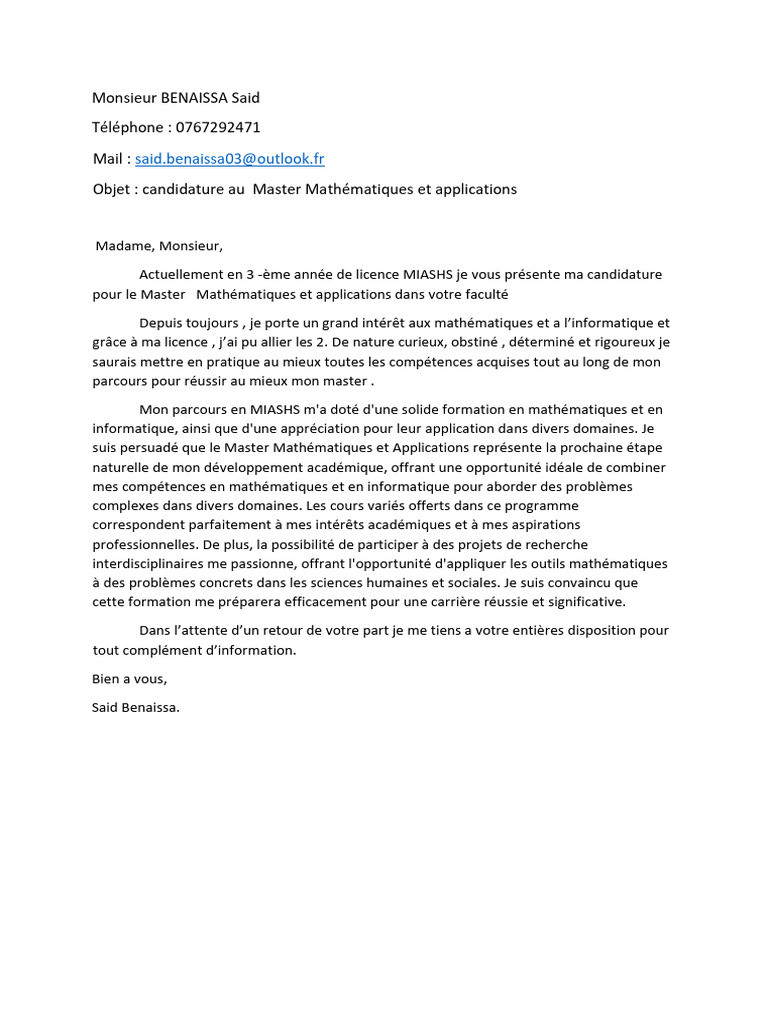 Lettre de Motivation Mathematiques Et Applications PDF — free download