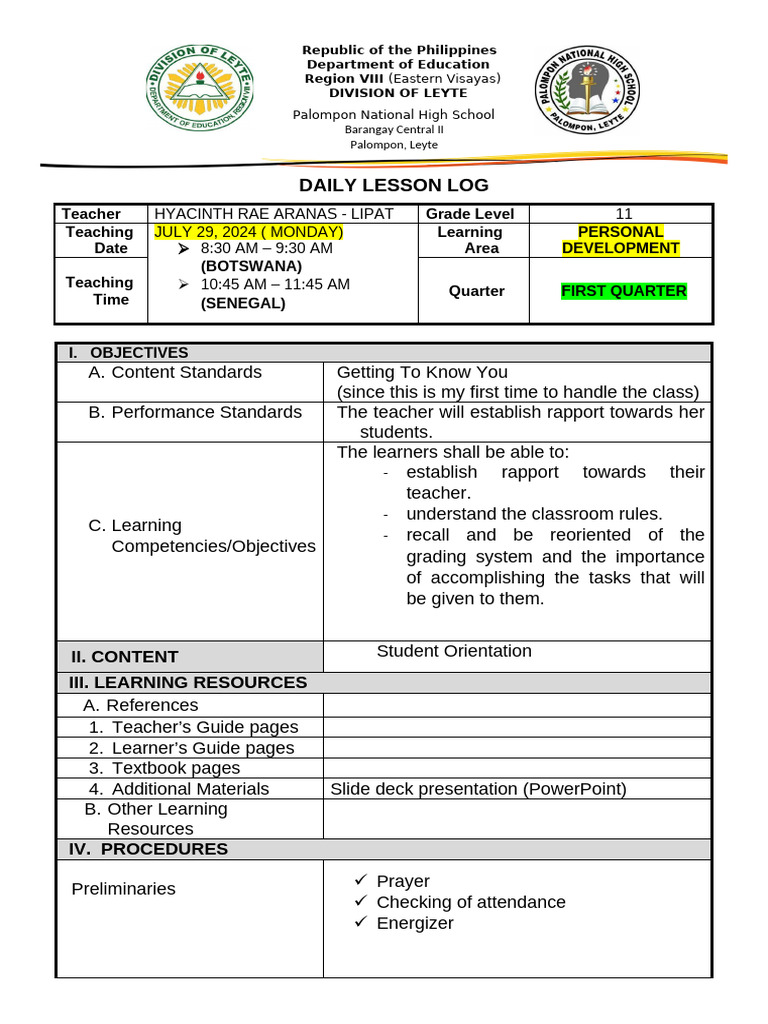 Daily Lesson Log for Grade 11 Personal Development | PDF | Teachers ...