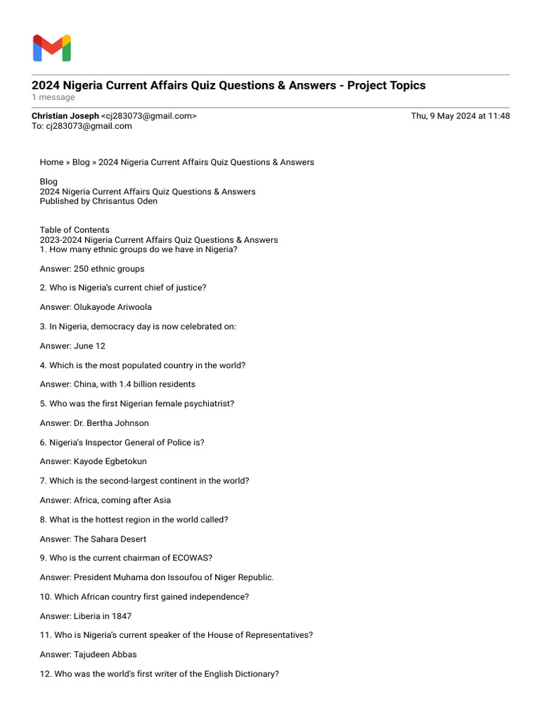Gmail - 2024 Nigeria Current Affairs Quiz Questions & Answers - Project ...