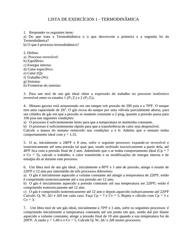 Lista de Exercicios de Termodinamica | PDF | Gases | Métodos y ...