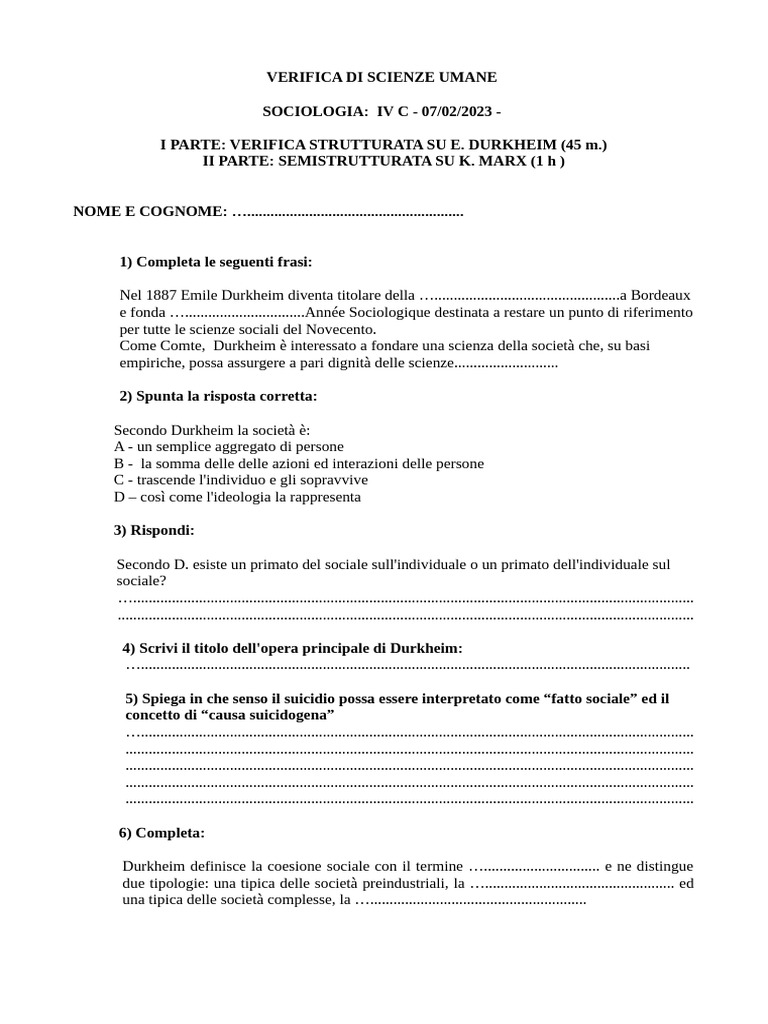 Verifica IV C Sociologia I Parte | PDF