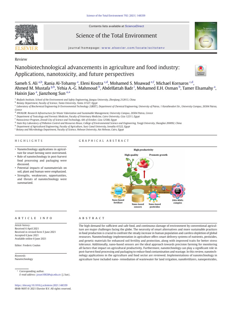 Nanobiotechnological Advancements in Agriculture and Food Industry | PDF