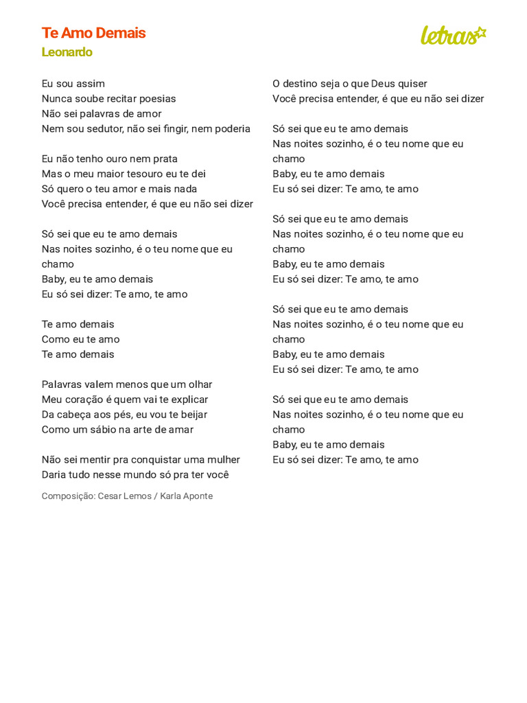 Te Amo Demais - Leonardo | PDF, image size:768x1024