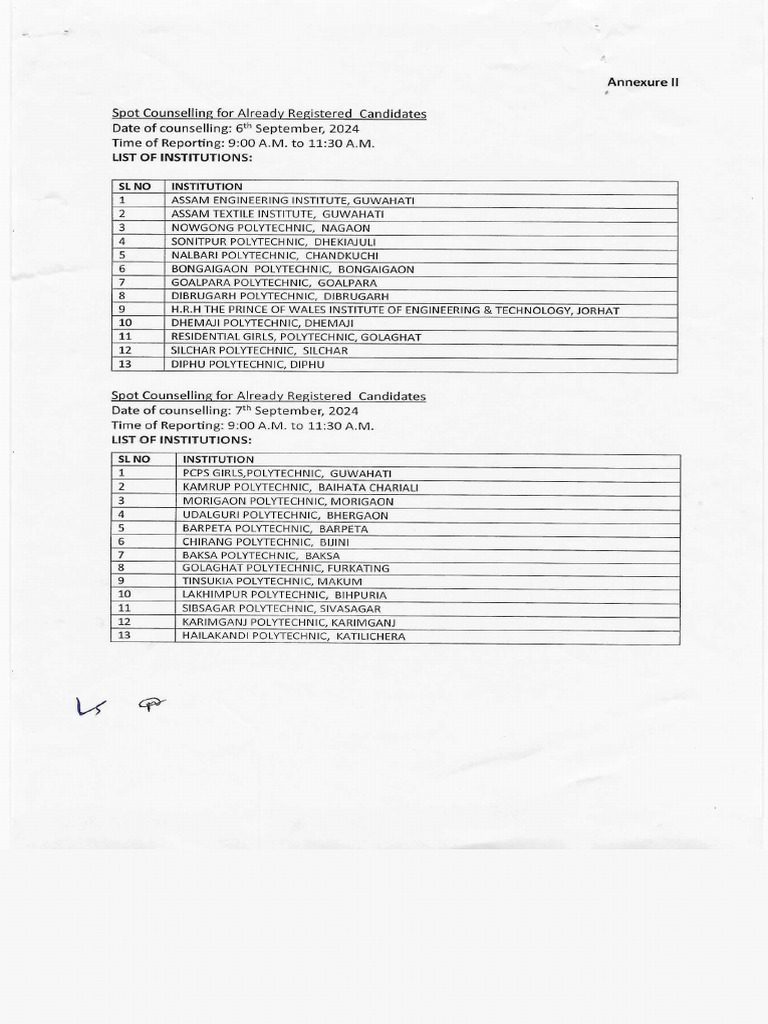 Annexure-II Schedule For Spot Counselling | PDF