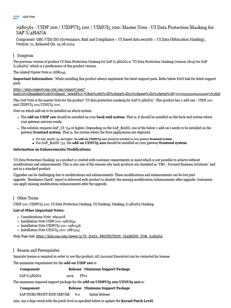 UIDP 100 / UIDPUI5 100 / UIMUI5 200: Master Note - UI Data Protection ...