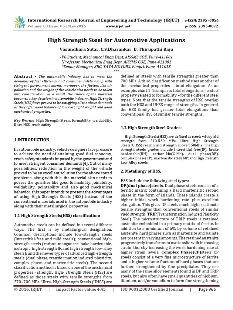 High Strength Steel For Automotive Applications | PDF