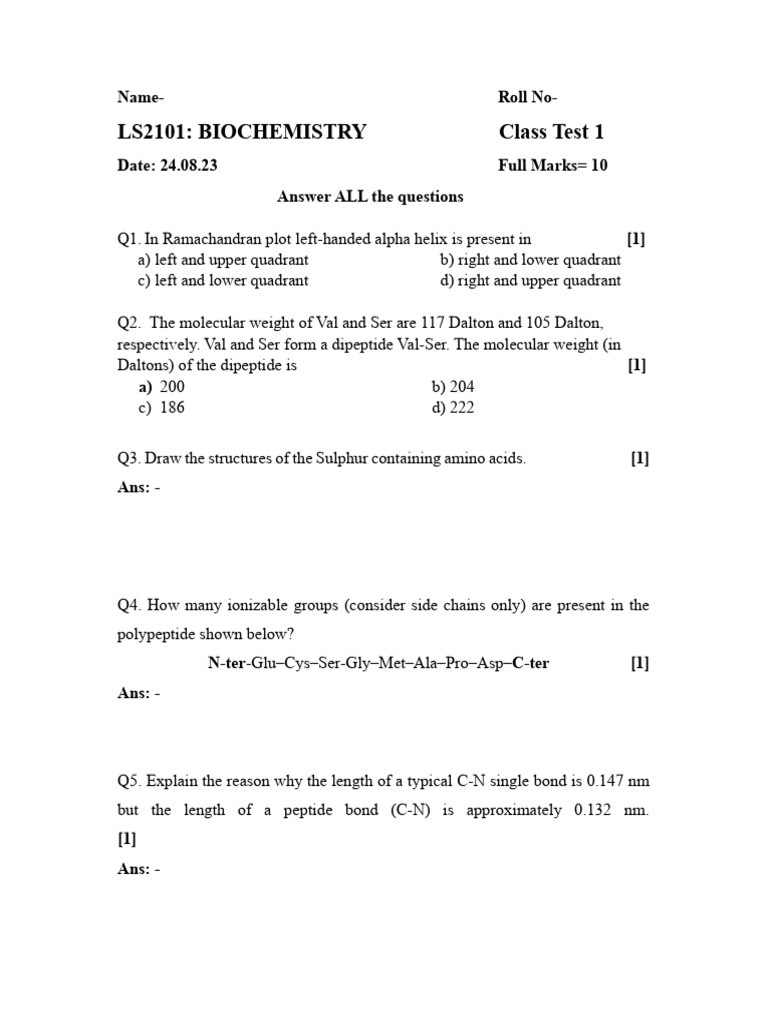 Biochemistry class test pdf