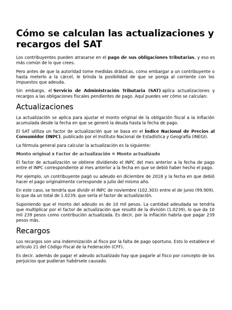 Cómo se calculan las actualizaciones y recargos del SAT | PDF