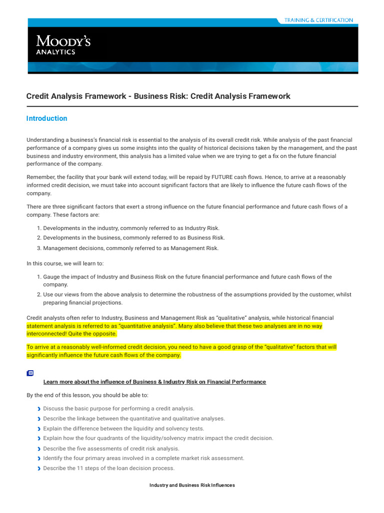 Business Risk in Credit Analysis Framework | PDF | Debt | Risk