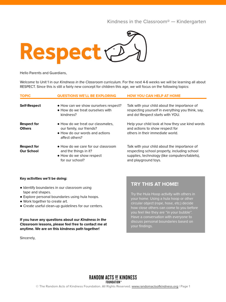 一Grade Grade K Respect Family Letter English | PDF