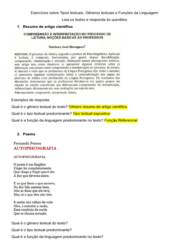 Exercícios sobre Tipos Textuais | PDF | Ficção Geral
