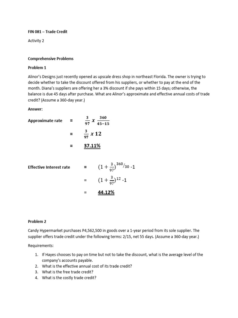 Trade Credit Cost Analysis and Examples | PDF | Trade Credit | Finance ...