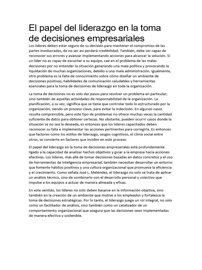 El Papel Del Liderazgo en La Toma de Decisiones Empresariales | PDF