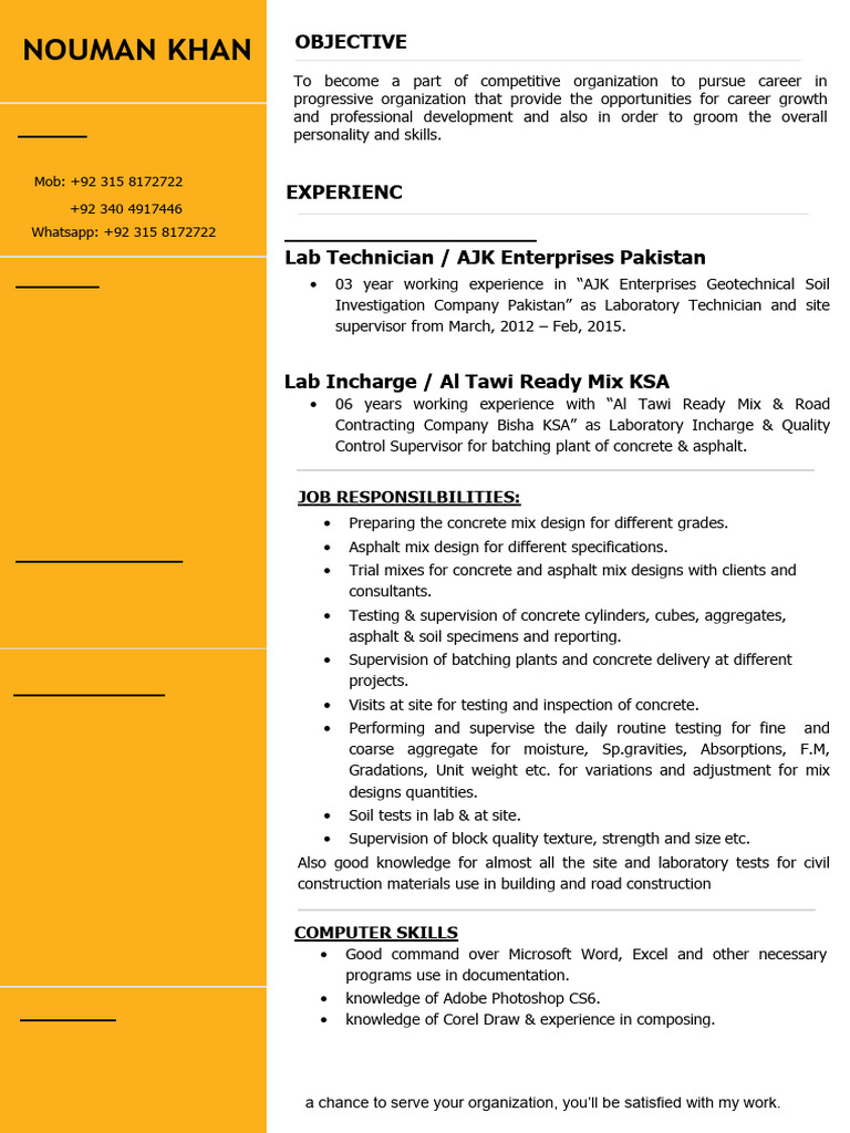 CV Nouman Khan Lab Technicain | PDF